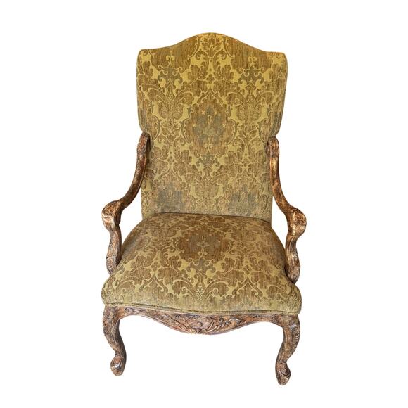 Carved Italian Provential Style High Back Arm Chair Distressed Finish - Picture 2 of 10